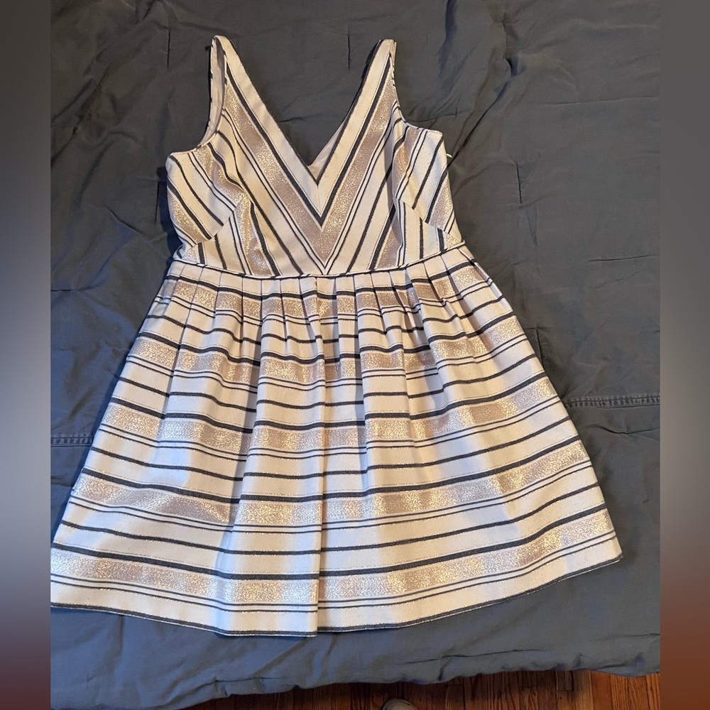 J. Crew Dress Gold Black and Cream Stripes deep v sleeveless pockets wedding